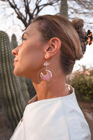 pink chalcedony moon clear quartz gold hoop earrings