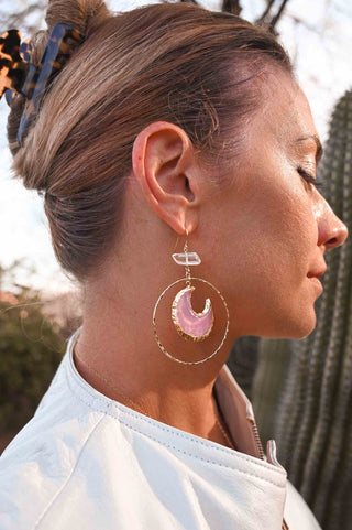pink chalcedony moon clear quartz gold hoop earrings
