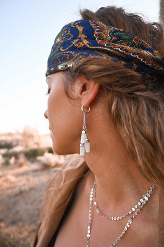 white selenite gemstones silver huggie dangle earrings