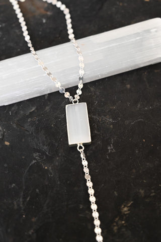 white selenite silver chain lariat necklace