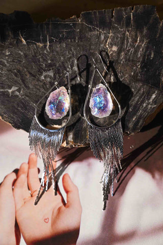 angel aura crystal silver fringe earrings