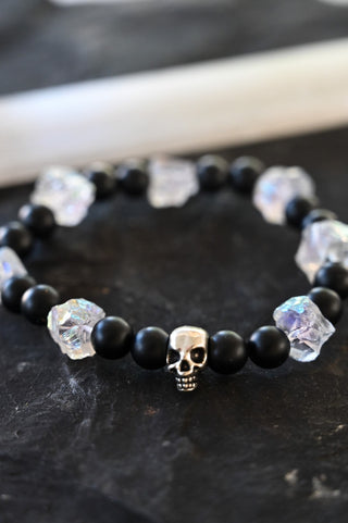 black onyx aura quartz skull beaded bracelet