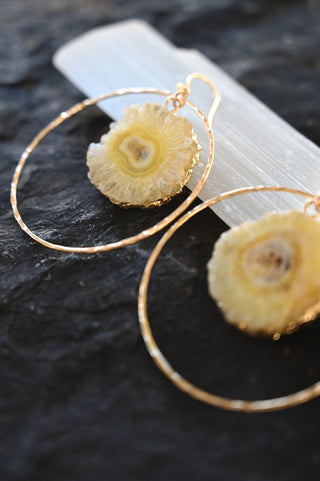 yellow solar quartz gold hoop earrings