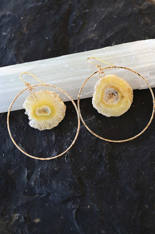 yellow solar quartz gold hoop earrings