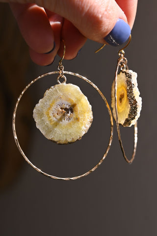 yellow solar quartz gold hoop earrings