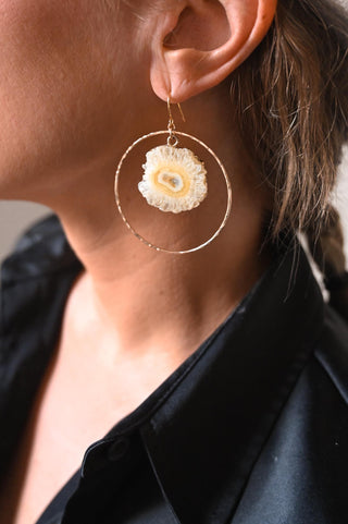 yellow solar quartz gold hoop earrings