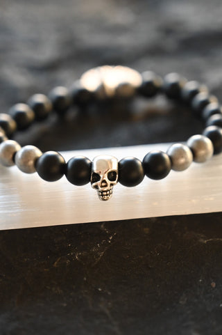 black onyx silver skull beaded bracelet