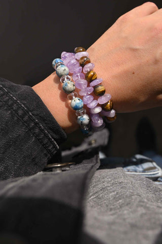 purple amethyst brown tigers eye blue k2 bracelet stack
