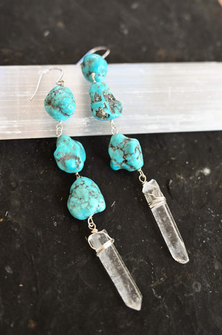 blue turquoise clear quartz dangle earrings