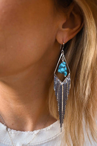 turquoise silver tassel dangle earrings