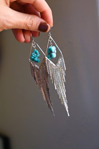 turquoise silver tassel dangle earrings