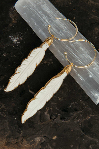 white bone feather gold hoop earrings
